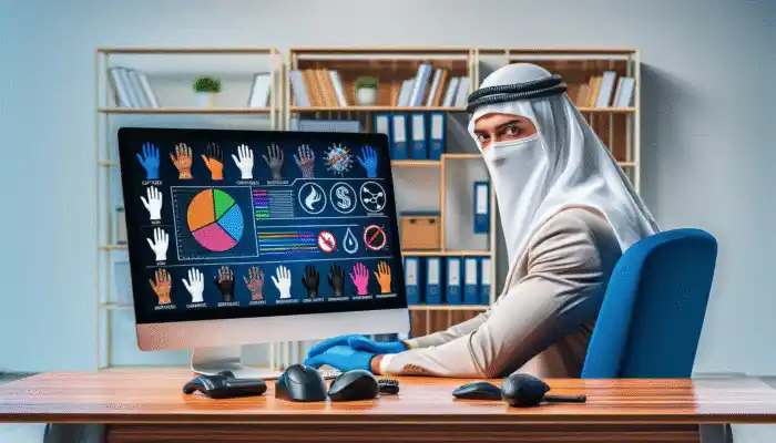 A person comparing safety gloves on a computer in a home office, with various gloves on the desk.