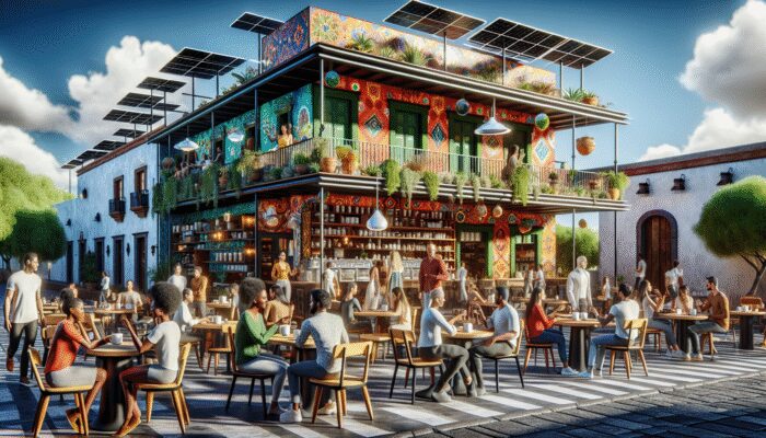 A vibrant café in San Miguel de Allende with biodegradable cups and locally sourced organic coffee beans, attracting eco-conscious patrons.