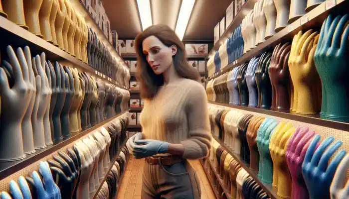 A woman in Herne Bay examining various latex gauntlet gloves in a well-lit store.