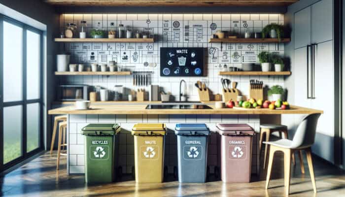Modern UK kitchen displaying color-coded bins, a compost bin, a shredder, smart bins, and a waste sorting app on a tablet.