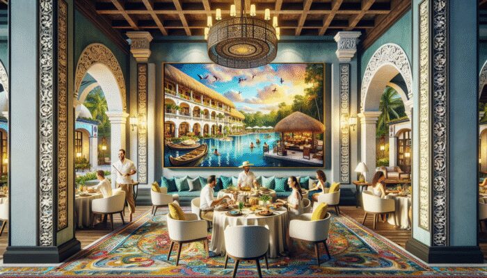 Luxurious Belize hotel with local artwork, traditional cuisine, and lush tropical surroundings.