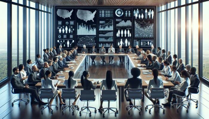 Diverse financial experts discussing debt consolidation strategies in a modern conference room with charts and graphs.