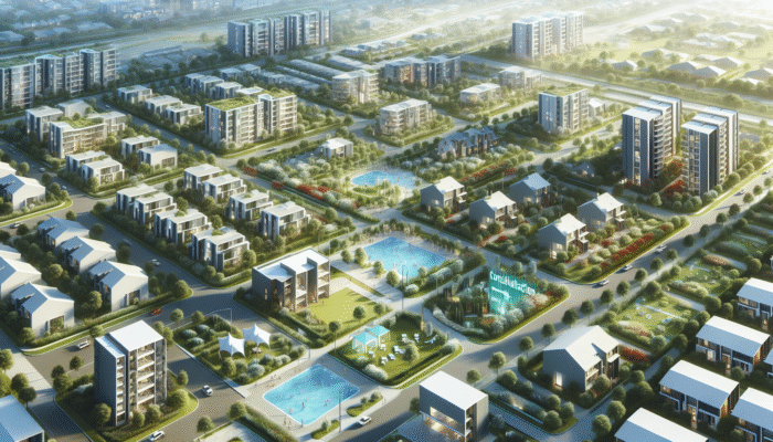 Aerial view of a modern, affordable gated community in Ladysmith featuring family amenities and expert consultation booths.