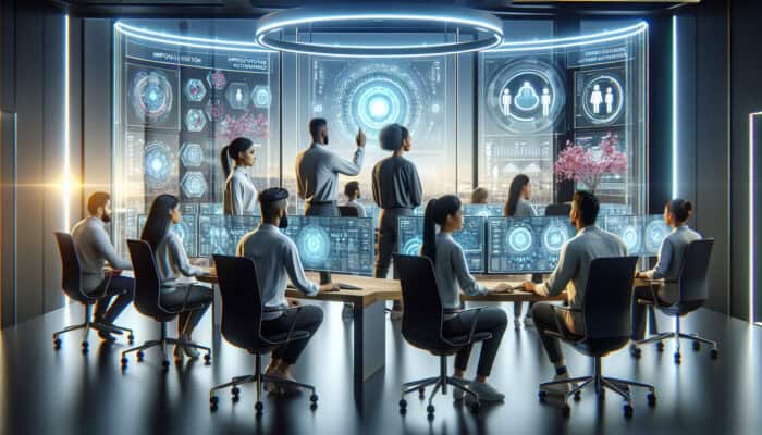 Diverse team of human virtual analysts in tech office, analyzing data that shows decreased churn and increased satisfaction.