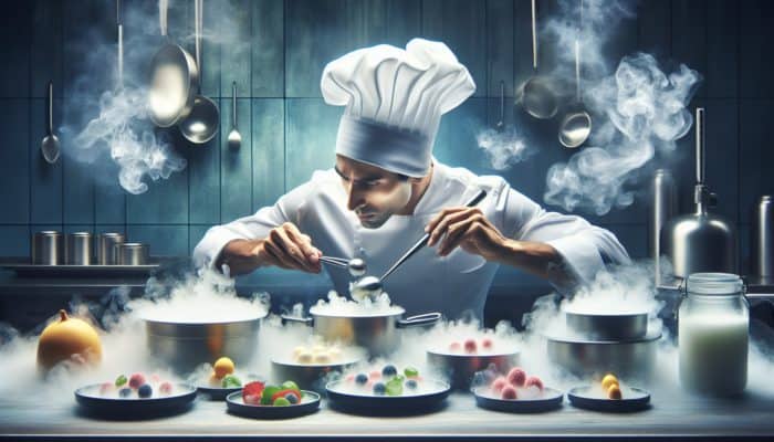 Chef utilizing liquid nitrogen in a modern kitchen, crafting colorful, frozen dishes amidst vapor clouds.