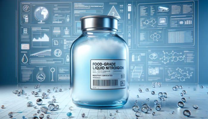 Clear glass container filled with high-quality, food-grade liquid nitrogen from a reputable supplier, safety certifications visible.