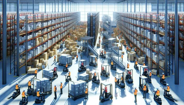 A bustling warehouse adorned with clearance signs and a variety of budget-friendly transport options, overseen by logistics experts in vests.