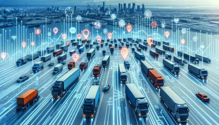 A logistics center featuring trucks, fuel price indicators, and regulatory signs illustrating transportation challenges.