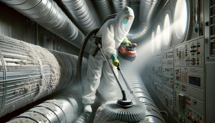 Technician cleaning ductwork using rotary brushes and vacuum, then applying sanitizing spray.