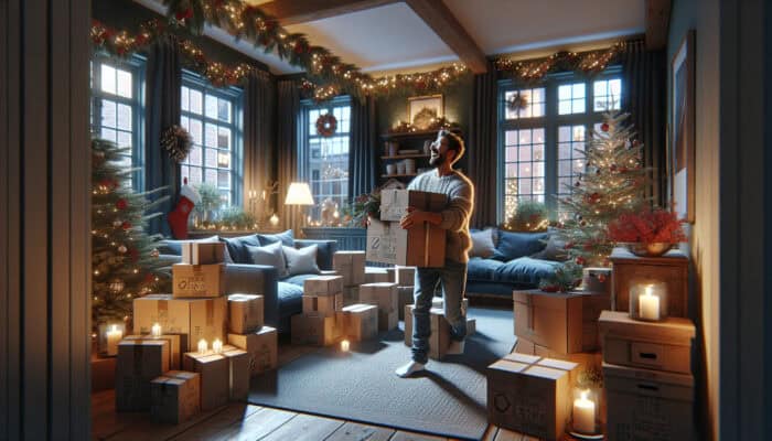 A joyful individual clearing space in a festively decorated UK home interior in preparation for Christmas.