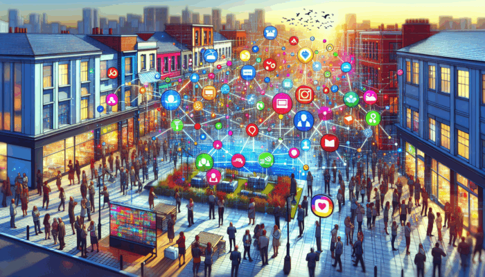 A vibrant digital hub in Exmouth where small businesses engage with customers via colorful social media platforms.