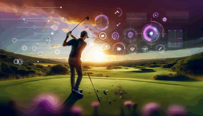 South African golfer using smart, eco-friendly aids for versatile putting and chipping at sunset on a sustainable course.