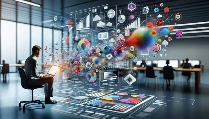 Online Debt Consolidation Loan Simulators: UK Guide | DCL Online Debt Consolidation Loan Simulators: A person analyzing colorful graphs and charts on a laptop using a debt consolidation loan simulator in a modern office.