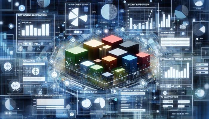 Online Debt Consolidation Loan Simulators: UK Guide | DCL A digital interface showing various debt consolidation loan options with graphs and data visualizations.