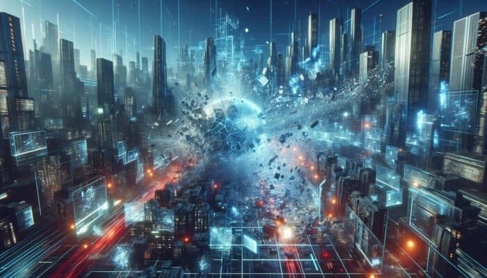 A digital wave crashes through a neon-lit dystopian city, shattering holographic screens and creating chaotic data streams.