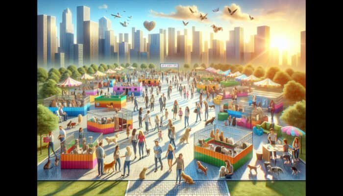 Pet Adoption Fair Organization: A vibrant pet adoption fair with various animals, volunteers, and adopters in a sunny, spacious venue.