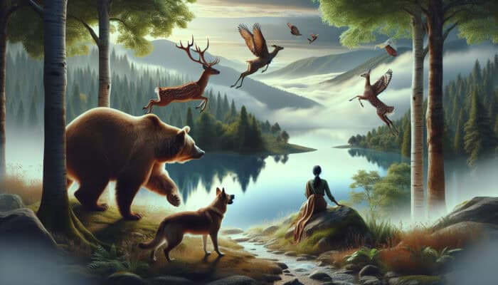 Wildlife Safety On Pet Trips: A person with a pet observing wildlife, including a defensive bear and fleeing deer, in nature.