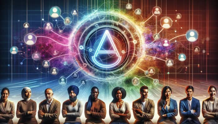 A network of diverse influencers engaging with a brand's logo, symbolizing strategic outreach and collaboration.