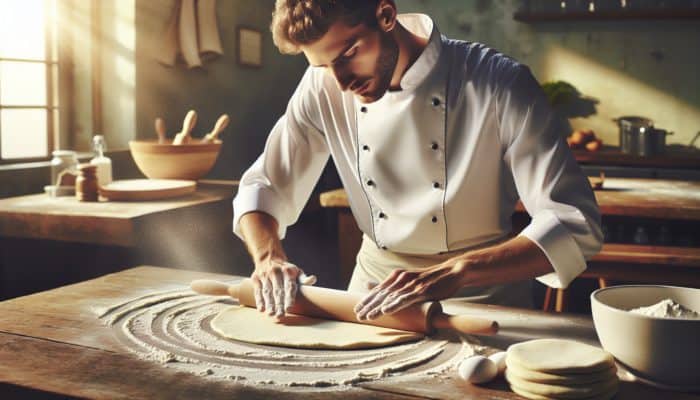 Chef expertly laminating dough using a rolling pin on a flour-dusted table in a bright kitchen.