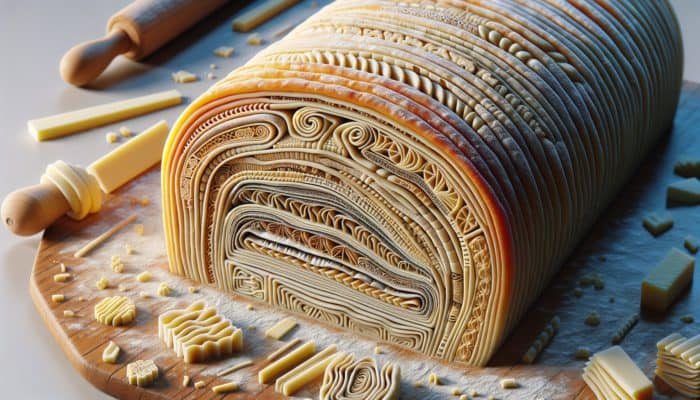 Cross-section of laminated dough demonstrating single, double, and letter folds with various layers and textures.