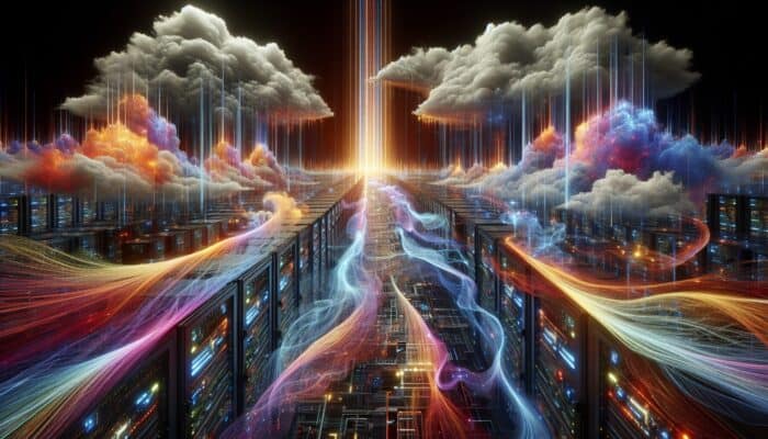 Glowing threads of code weave through server racks and cloud formations, symbolizing Threads' rising popularity in a vibrant digital landscape.