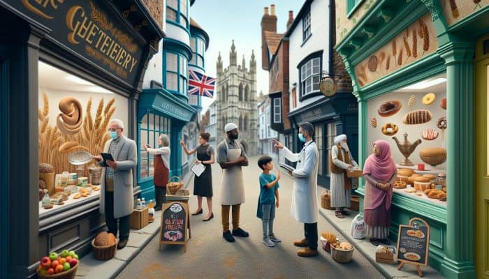 Gluten Intolerance Test in Canterbury: A diverse group consults a doctor in a historic clinic surrounded by gluten-free options and wheat symbols.