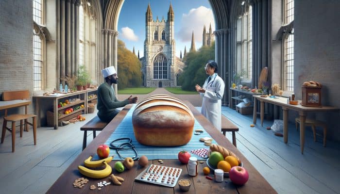 In Canterbury, a patient discusses gluten intolerance testing while enjoying bread, surrounded by medical charts and fresh produce.