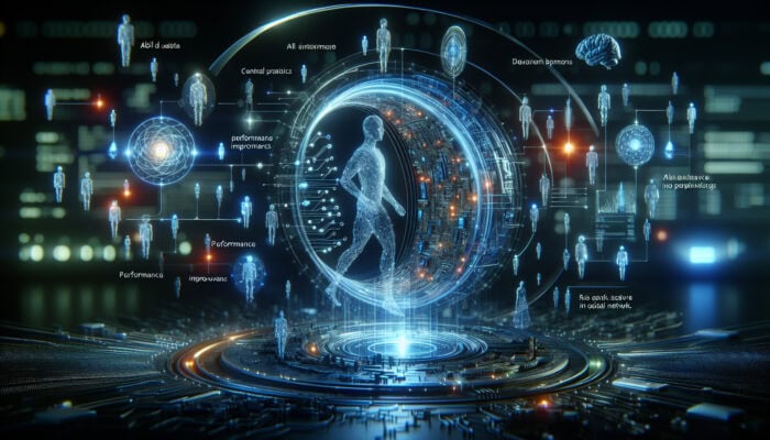 A dynamic feedback loop: users interact via devices, sending data to a glowing central processing core with circuits, outputting enhancements in a futuristic digital network.