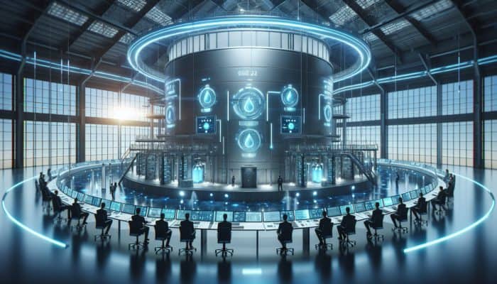 Futuristic water storage tank with glowing blue sensors displaying real-time data, monitored by diverse engineers in a high-tech control room.